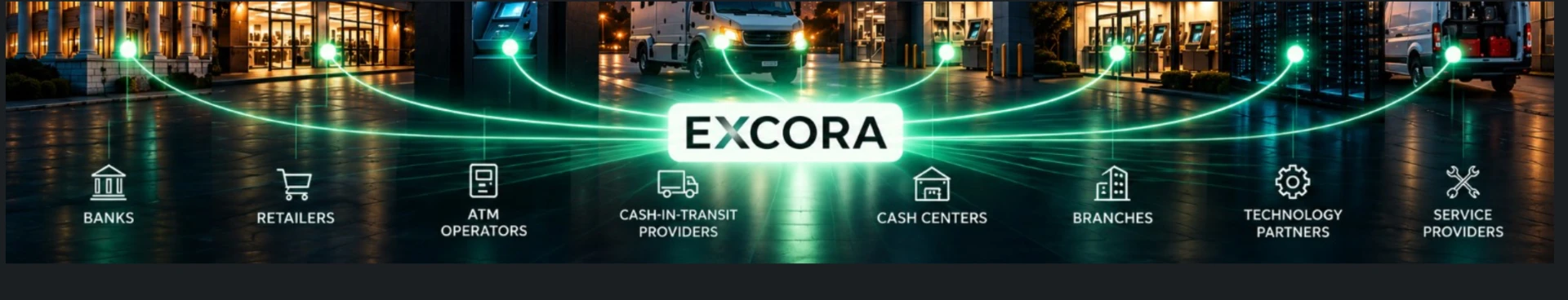 EXCORA connecting banks, retailers, ATM operators, cash-in-transit providers, cash centers, branches, technology partners and service providers